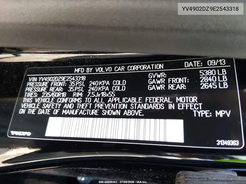 2014 Volvo Xc60 T6 R-Design VIN: YV4902DZ9E2543318 Lot: 45559383