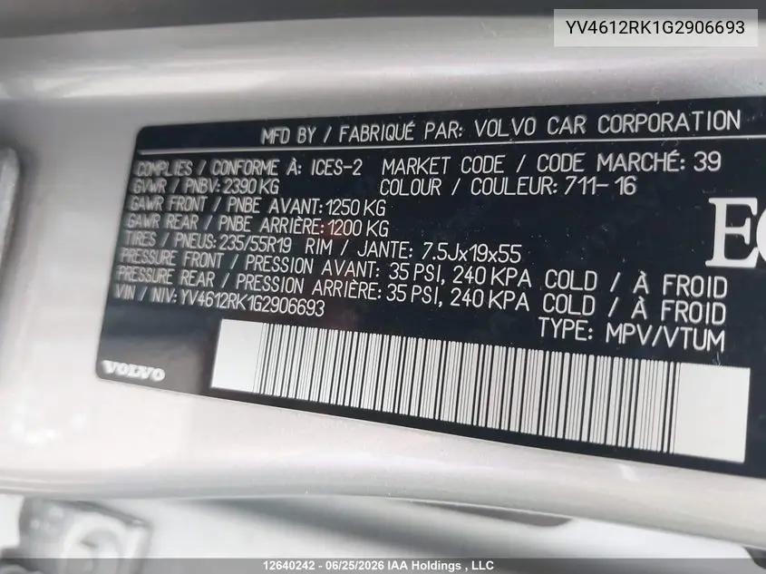 2016 Volvo Xc60 T5 VIN: YV4612RK1G2906693 Lot: 12640242