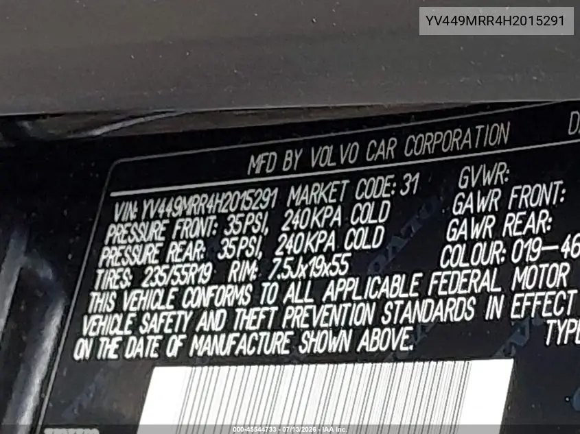 2017 Volvo Xc60 T6 Dynamic VIN: YV449MRR4H2015291 Lot: 45544733