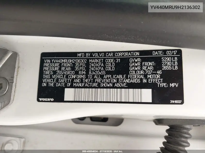 2017 Volvo Xc60 T5 Inscription VIN: YV440MRU9H2136302 Lot: 45554034