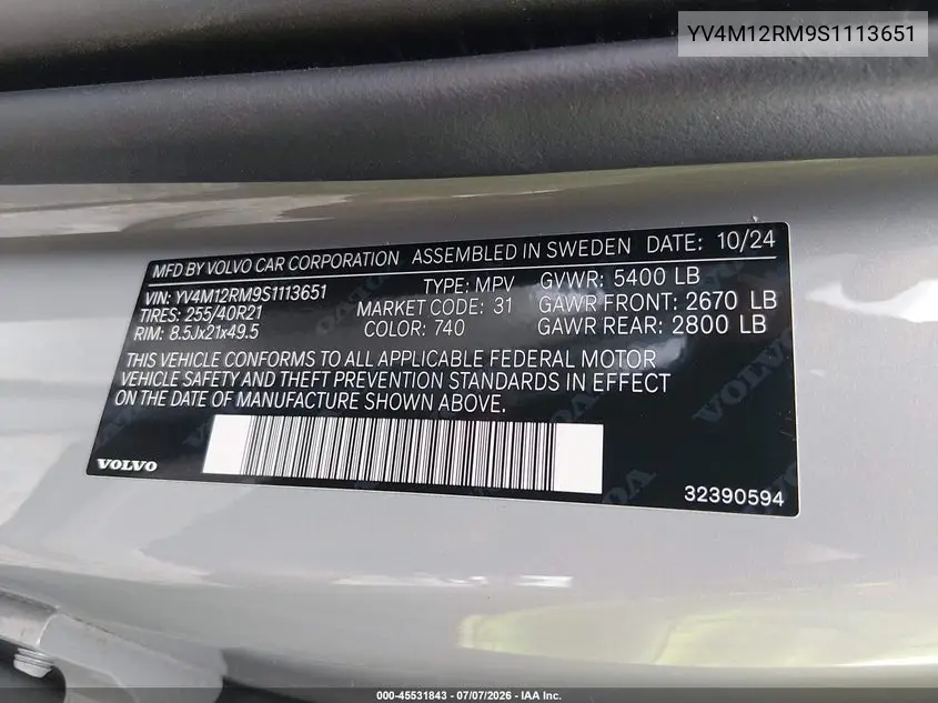 2025 Volvo Xc60 B5 Ultra VIN: YV4M12RM9S1113651 Lot: 45531843