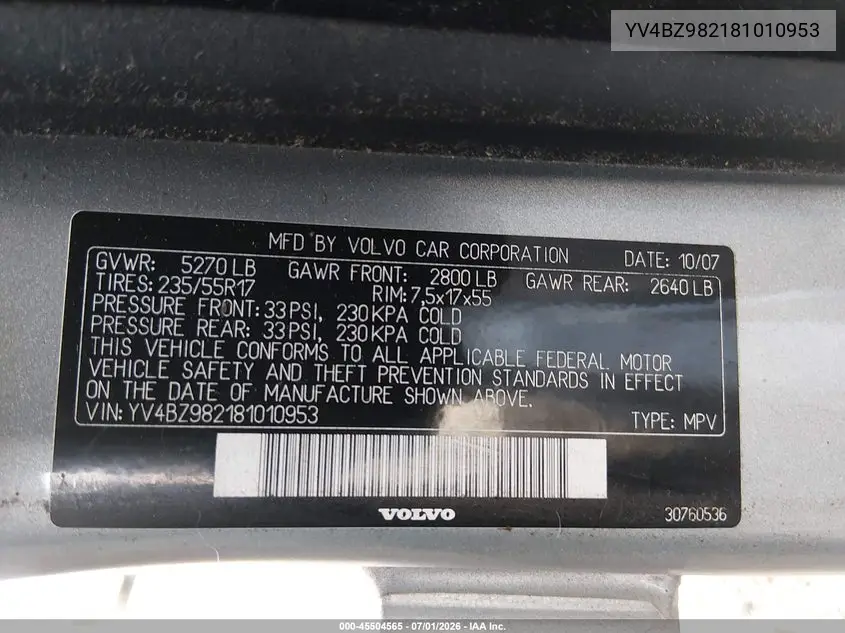 2008 Volvo Xc70 3.2 VIN: YV4BZ982181010953 Lot: 45504565