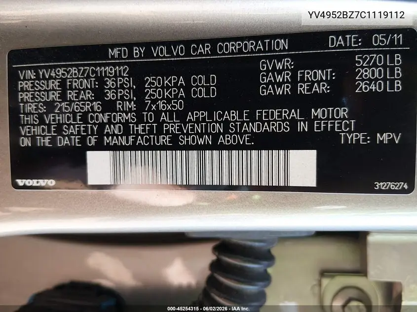 2012 Volvo Xc70 3.2/3.2 Platinum/3.2 Premier/3.2 Premier Plus VIN: YV4952BZ7C1119112 Lot: 45254315