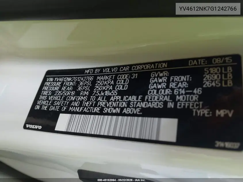 2016 Volvo Xc70 T5 Premier VIN: YV4612NK7G1242766 Lot: 45182064