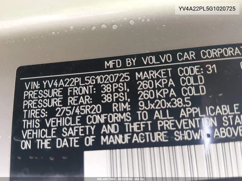2016 Volvo Xc90 T6 Inscription VIN: YV4A22PL5G1020725 Lot: 45417643