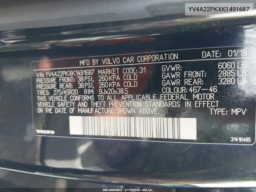 2019 Volvo Xc90 T6 Momentum VIN: YV4A22PKXK1491687 Lot: 45563602