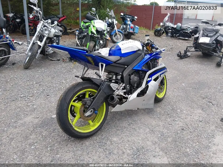 2010 Yamaha Yzfr6 VIN: JYARJ16E7AA020833 Lot: 45379213