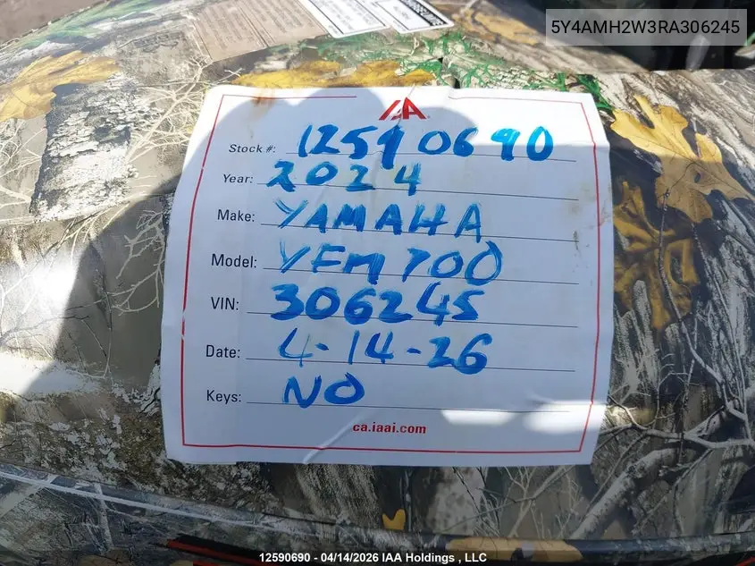 2024 Yamaha Yfm700 VIN: 5Y4AMH2W3RA306245 Lot: 12590690