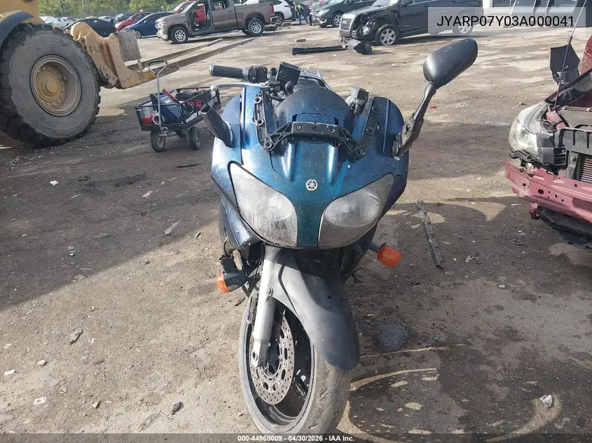 2003 Yamaha Fjr1300 VIN: JYARP07Y03A000041 Lot: 44968009