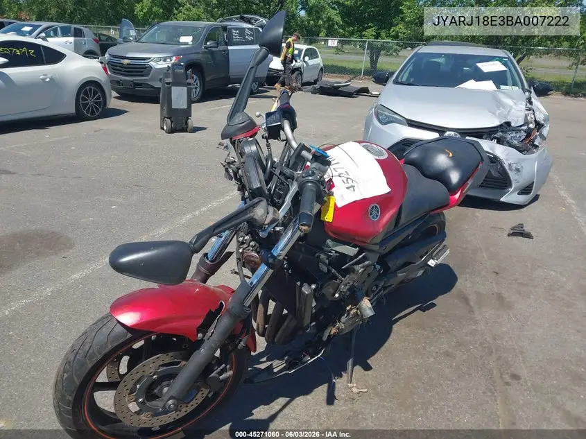 2011 Yamaha Fz6 R VIN: JYARJ18E3BA007222 Lot: 45271060