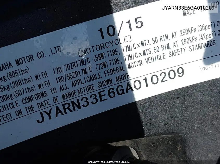 2016 Yamaha Fz09 VIN: JYARN33E6GA010209 Lot: 44781208