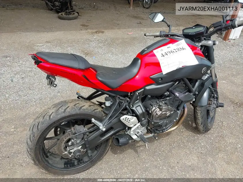 2017 Yamaha Fz07A VIN: JYARM20EXHA001113 Lot: 44962886
