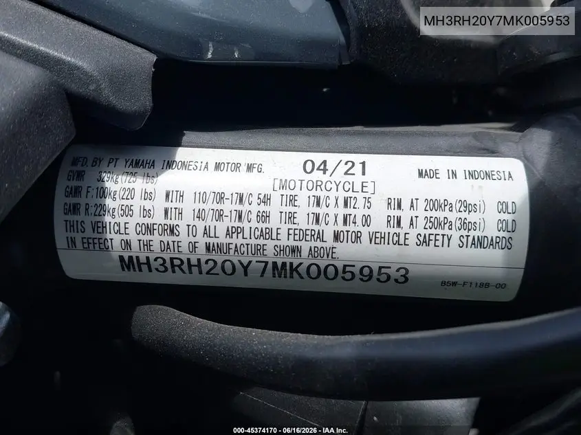 2021 Yamaha Mt-03 VIN: MH3RH20Y7MK005953 Lot: 45374170