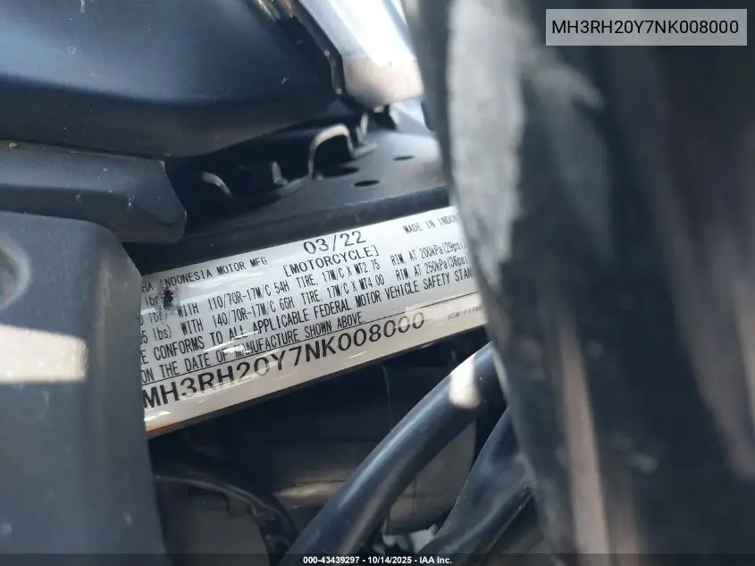 2022 Yamaha Mt-03 VIN: MH3RH20Y7NK008000 Lot: 43439297