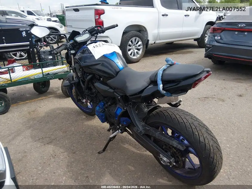 2020 Yamaha Mt07 VIN: JYARM27E2LA007552 Lot: 45236483