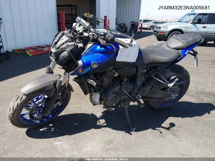 2022 Yamaha Mt07 VIN: JYARM32E3NA005681 Lot: 44909137