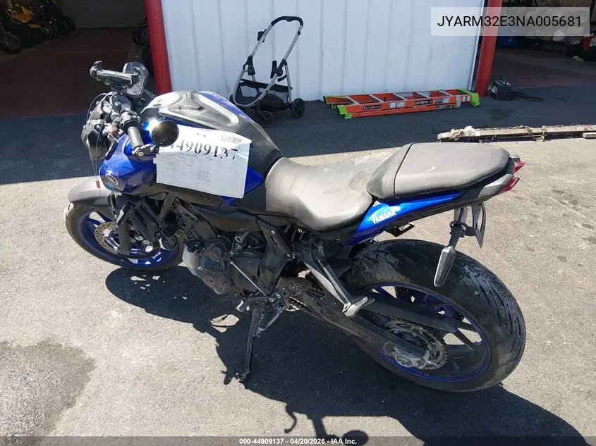 2022 Yamaha Mt07 VIN: JYARM32E3NA005681 Lot: 44909137