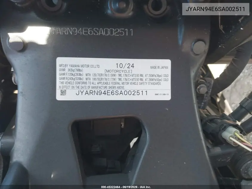 2025 Yamaha Mt09 VIN: JYARN94E6SA002511 Lot: 45322464