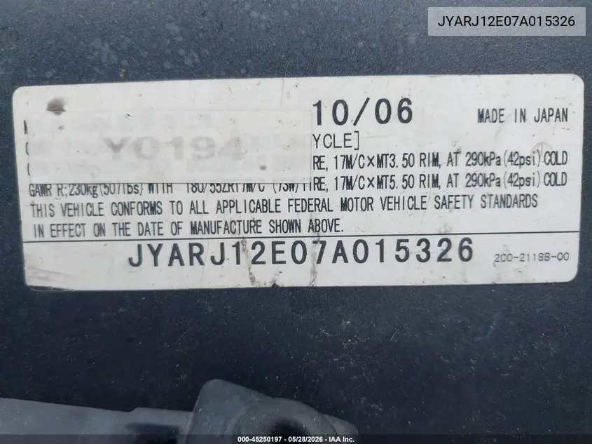 2007 Yamaha Yzfr6 L VIN: JYARJ12E07A015326 Lot: 45250197