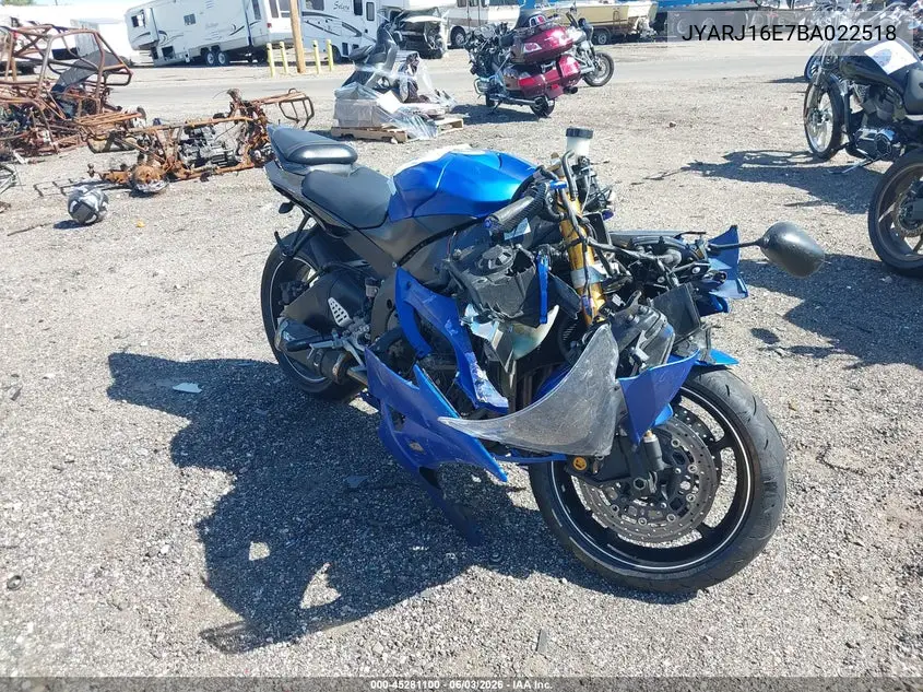 2011 Yamaha Yzfr6 VIN: JYARJ16E7BA022518 Lot: 45281100