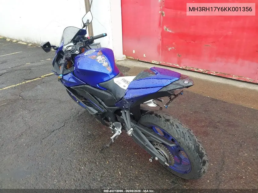 2019 Yamaha Yzfr3 VIN: MH3RH17Y6KK001356 Lot: 45318066