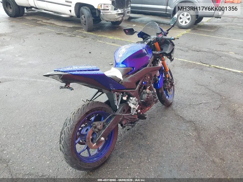 2019 Yamaha Yzfr3 VIN: MH3RH17Y6KK001356 Lot: 45318066