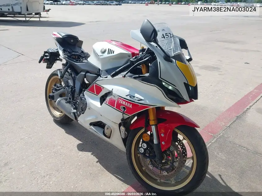 2022 Yamaha Yzfr7 VIN: JYARM38E2NA003024 Lot: 45286386