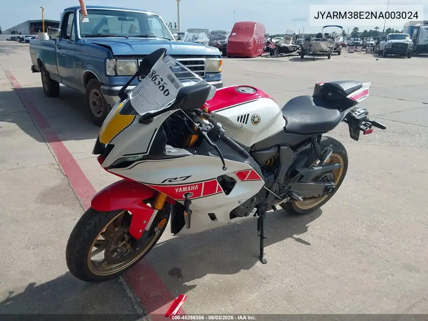 2022 Yamaha Yzfr7 VIN: JYARM38E2NA003024 Lot: 45286386