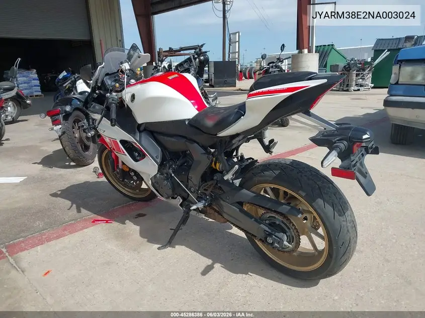 2022 Yamaha Yzfr7 VIN: JYARM38E2NA003024 Lot: 45286386