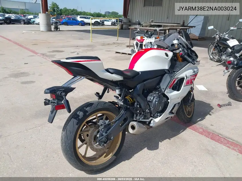 2022 Yamaha Yzfr7 VIN: JYARM38E2NA003024 Lot: 45286386