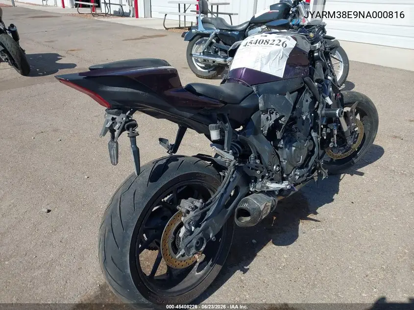 2022 Yamaha Yzfr7 VIN: JYARM38E9NA000816 Lot: 45408226